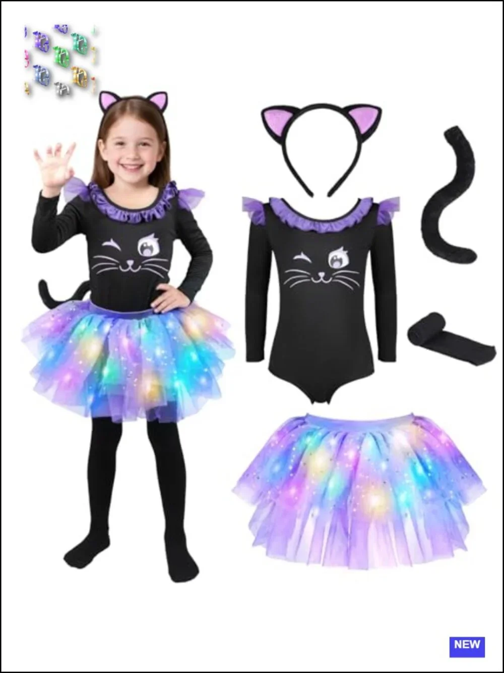 Light-Up Cat Costume for Girls, Halloween Kids Outfit with Tutu, Cat Ears & Tail